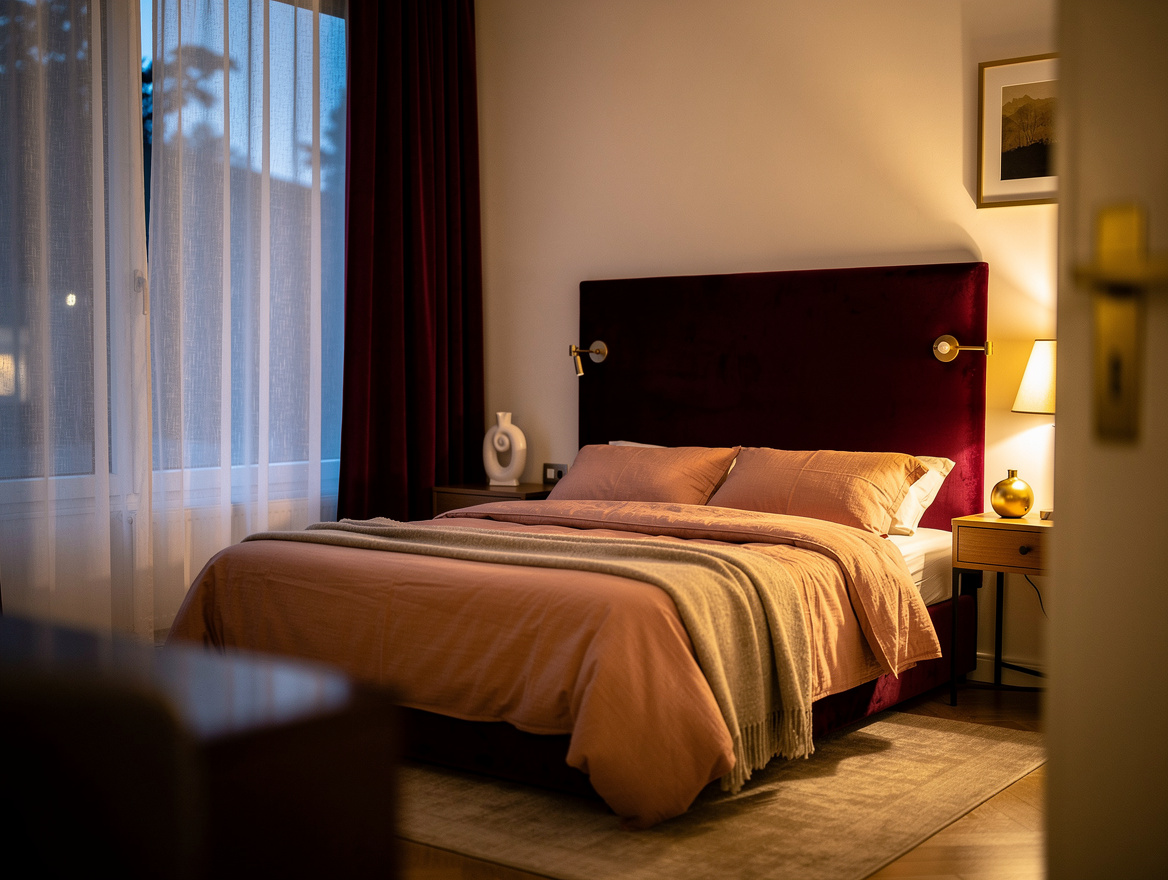 ambient wide interior of a small rental bedroom at dusk, off-white linen curtain