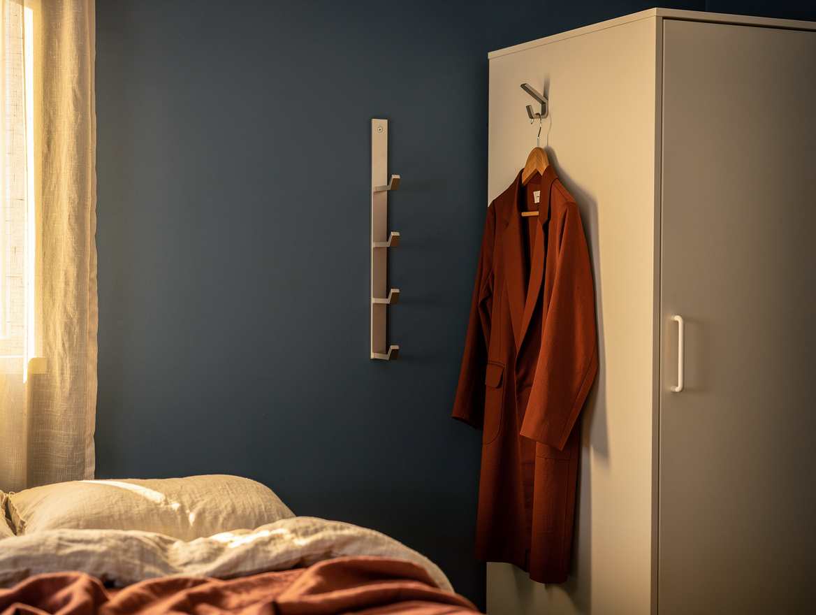 Ambience photo of a small bedroom corner with vertically staggered wall hooks be