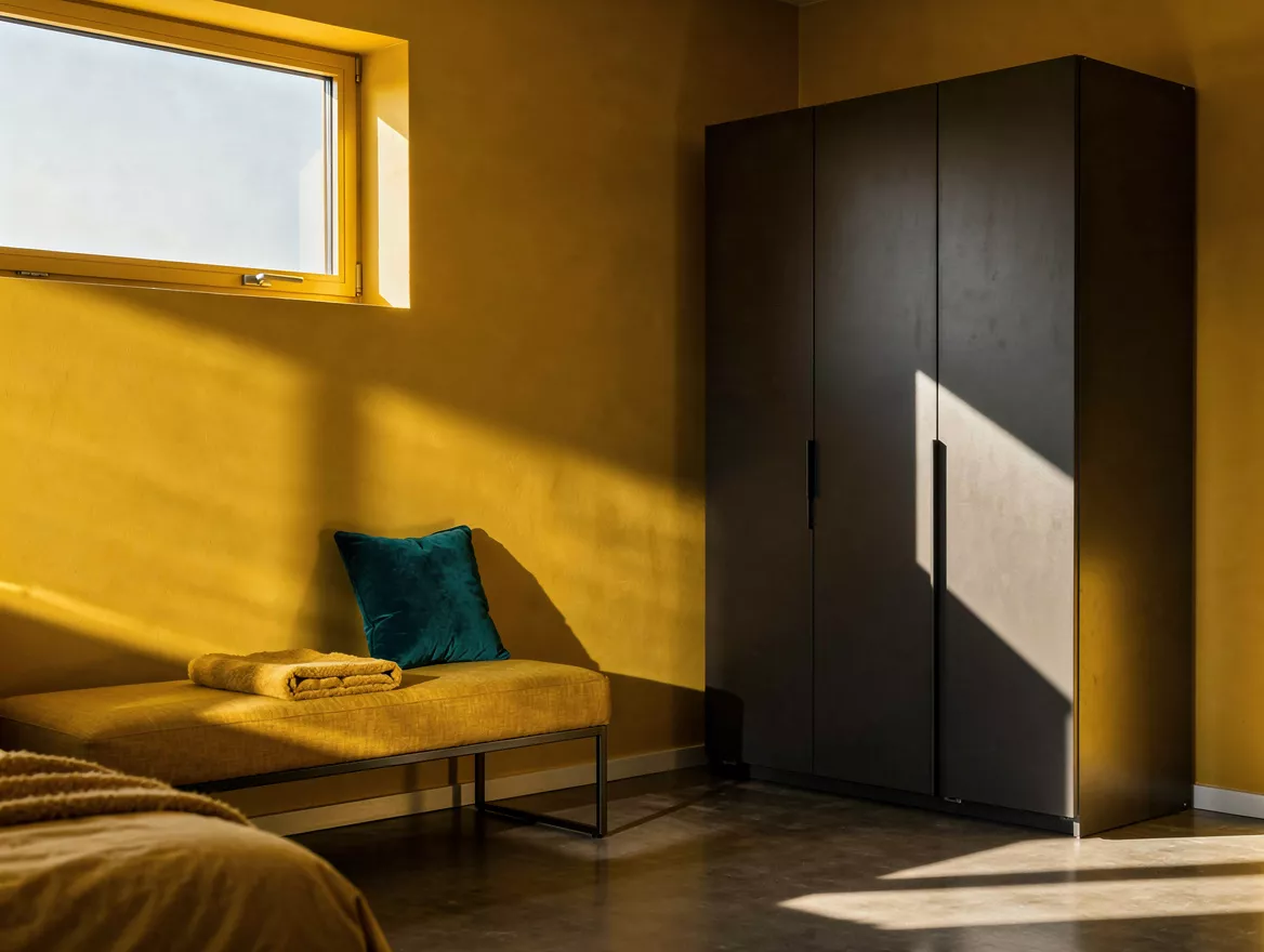 Ambient wide view of a sunlit bedroom corner where a low bench sits below a smal