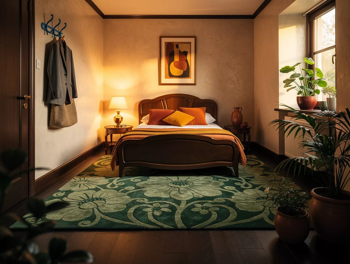wide ambient view of a small Art Nouveau bedroom at dusk, stylized floral wool r