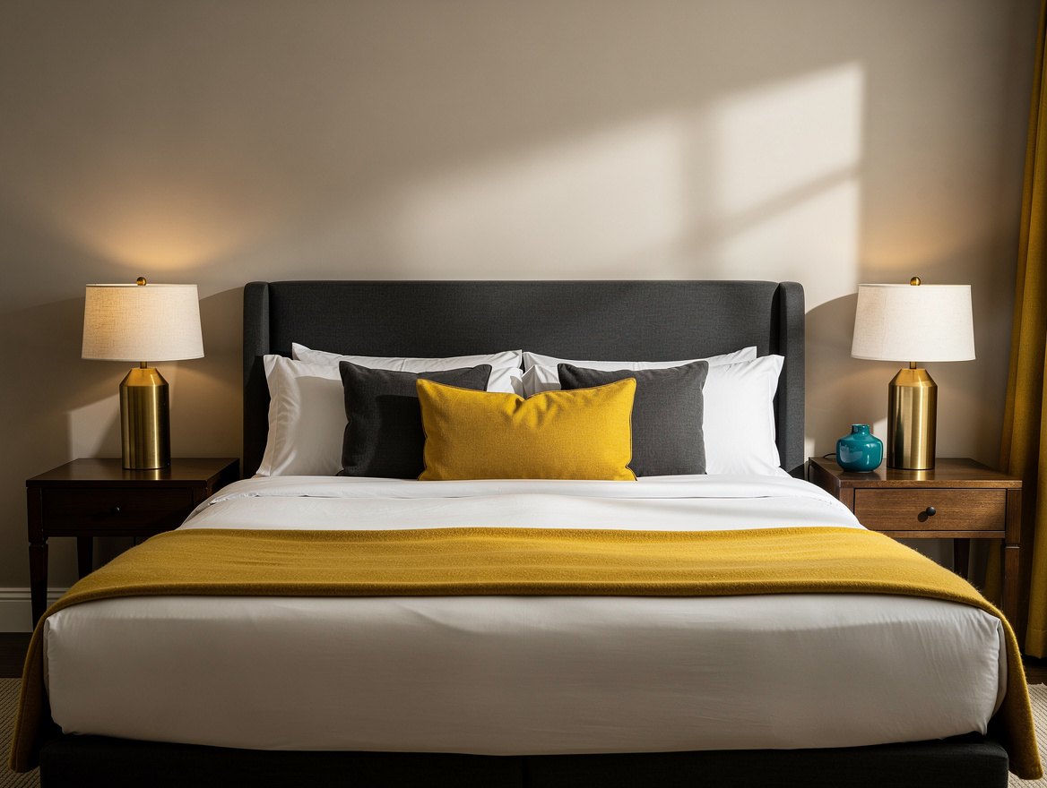 Wide ambient bedroom photo with matching warm brass lamps and off-white linen sh
