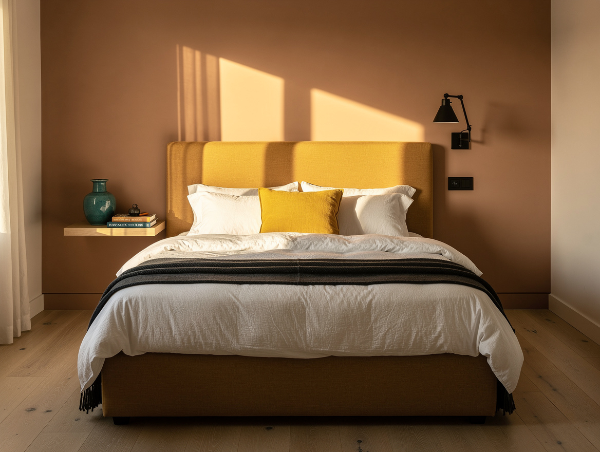 ambient wide photo of a compact guest bedroom at golden hour, low camel upholste
