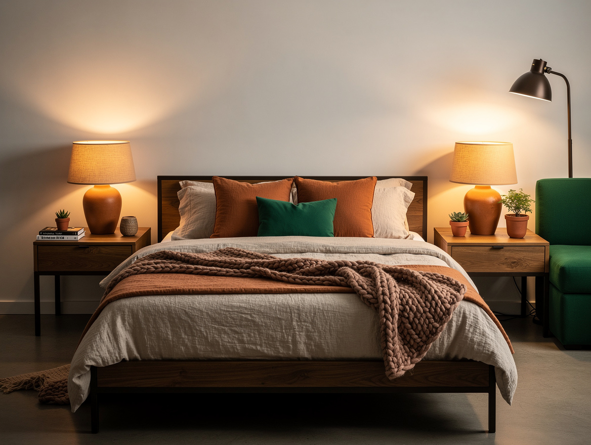 Realistic wide editorial bedroom scene combining dark bronze, warm linen, and te