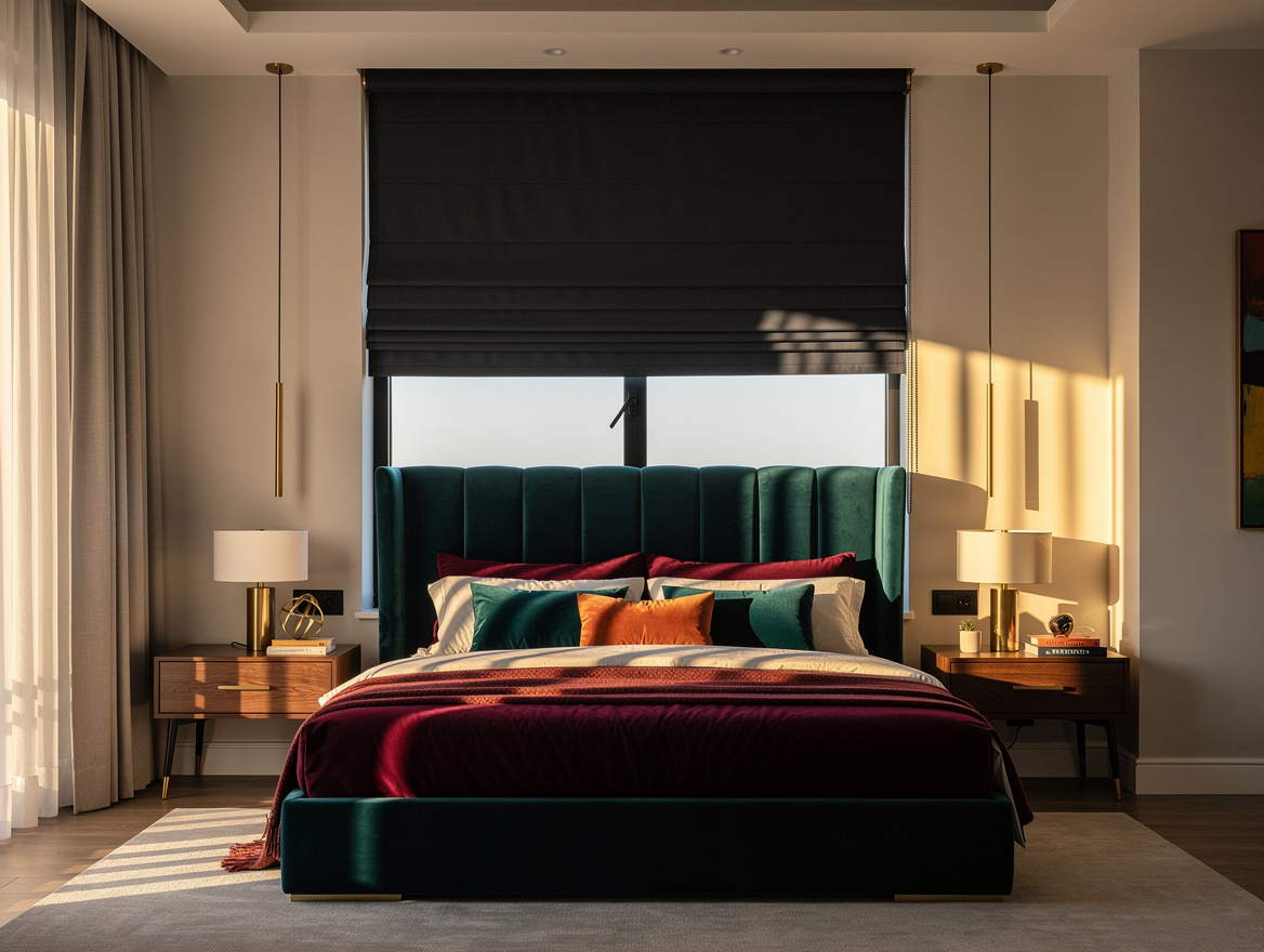 Realistic wide editorial bedroom interior with concealed ceiling-mounted drapery