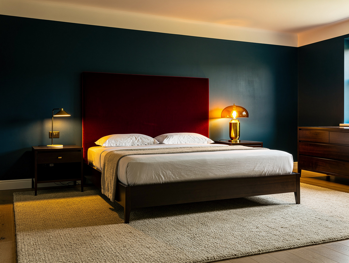 Realistic wide editorial bedroom photograph with oxblood bed wall, warm ivory ce