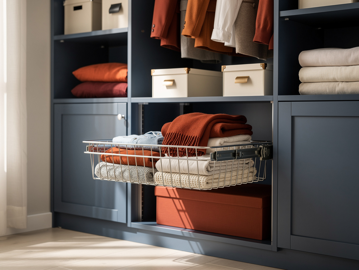 Realistic wide editorial home-decor photo of a deep closet with a pull-out baske