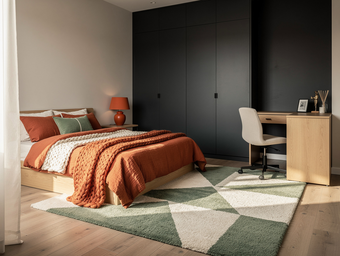 Realistic wide editorial photo of a small bedroom showing distinct bed, desk, wa