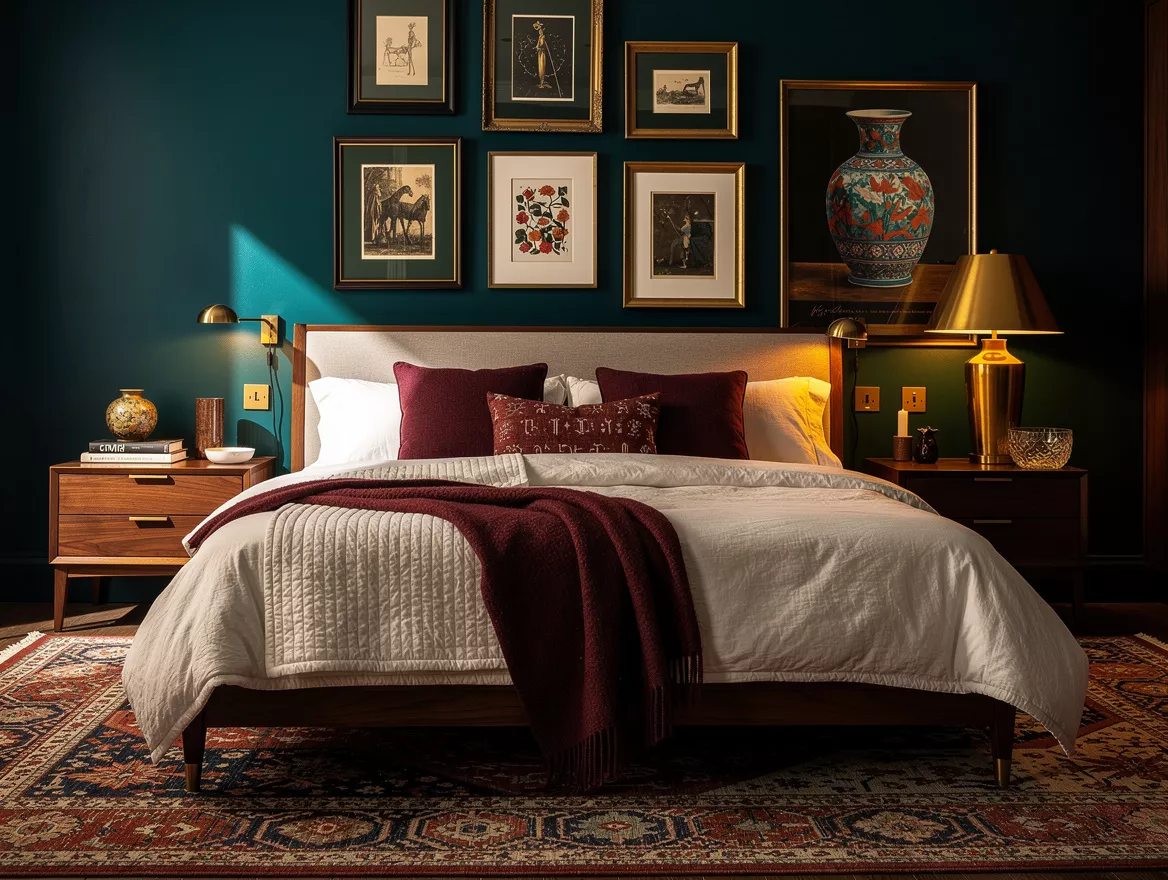 Realistic wide editorial bedroom scene with warm walnut and dark oak furniture,