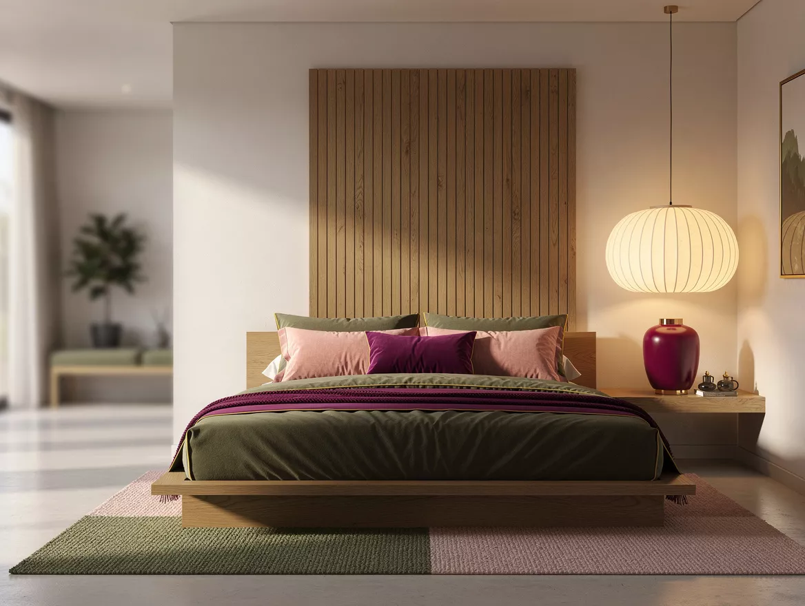 Realistic editorial wide ambiance photo of a spacious Japandi couples bedroom wi