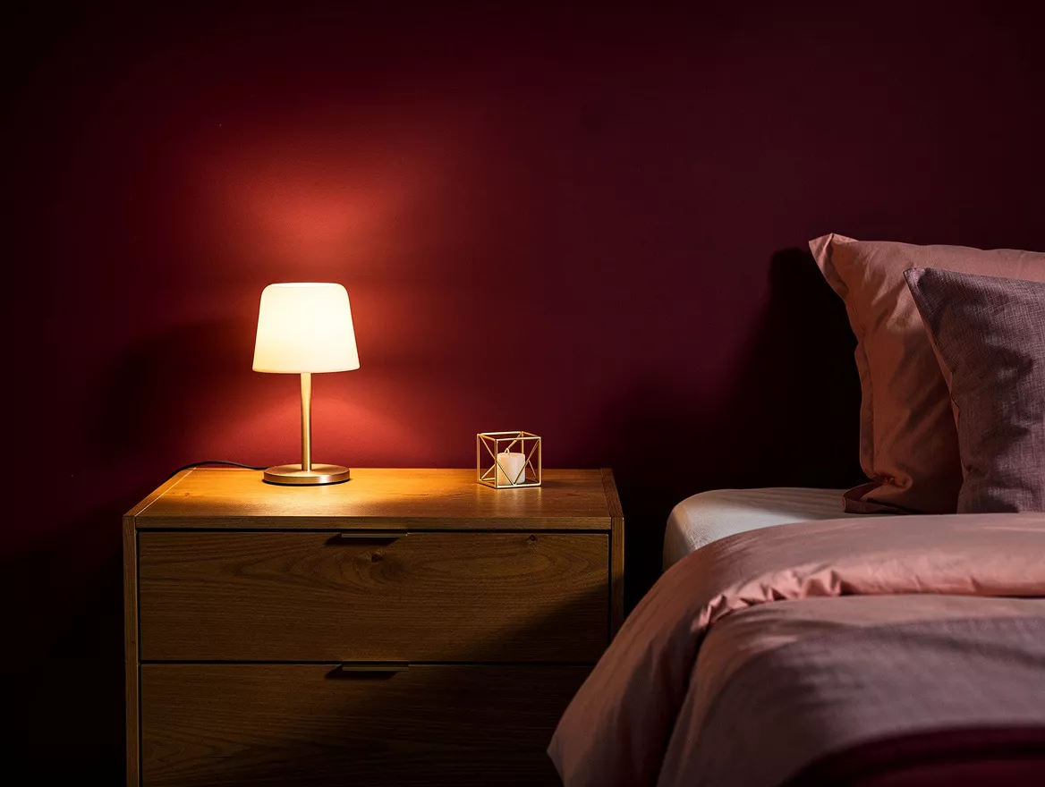 Realistic editorial bedroom ambiance with a small cordless lamp glowing on one e