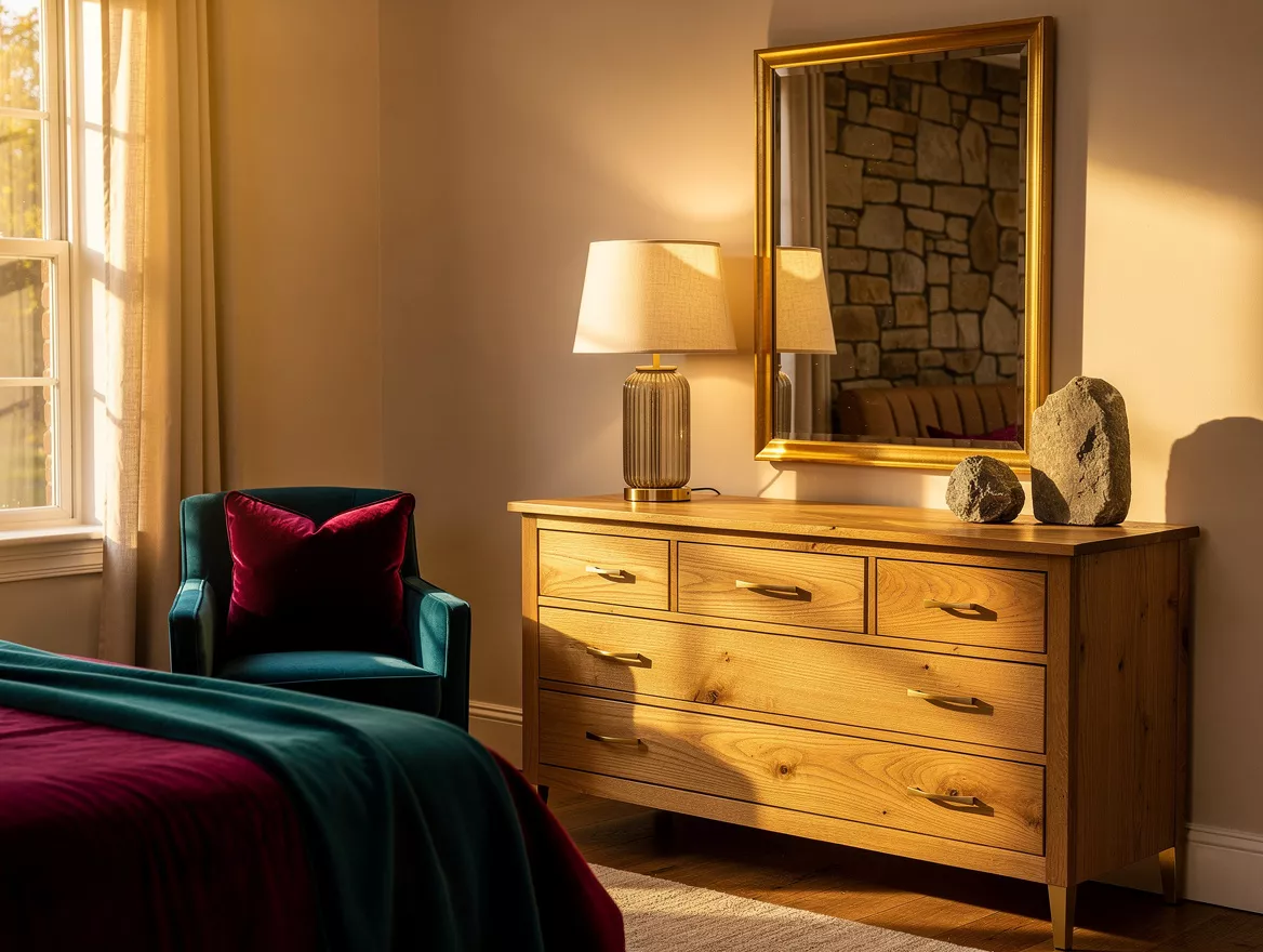 Wide atmospheric bedroom view with an oak dresser, framed mirror, linen-shaded l