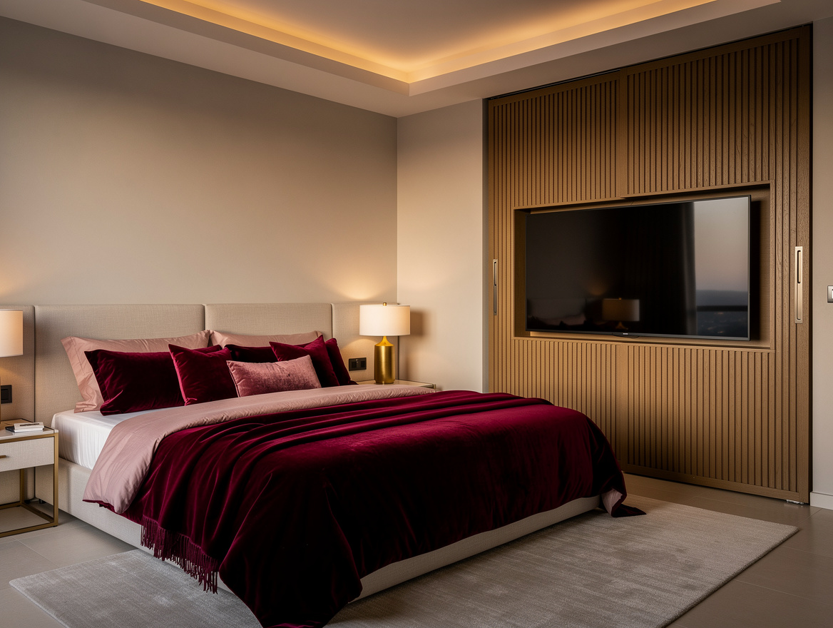 Realistic wide editorial bedroom scene with a television concealed behind slidin