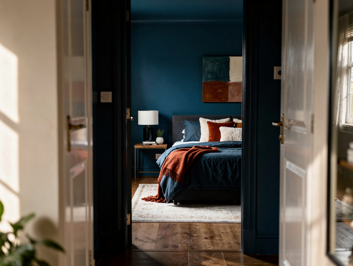 Realistic editorial wide interior photo showing a calm bedroom transition from a