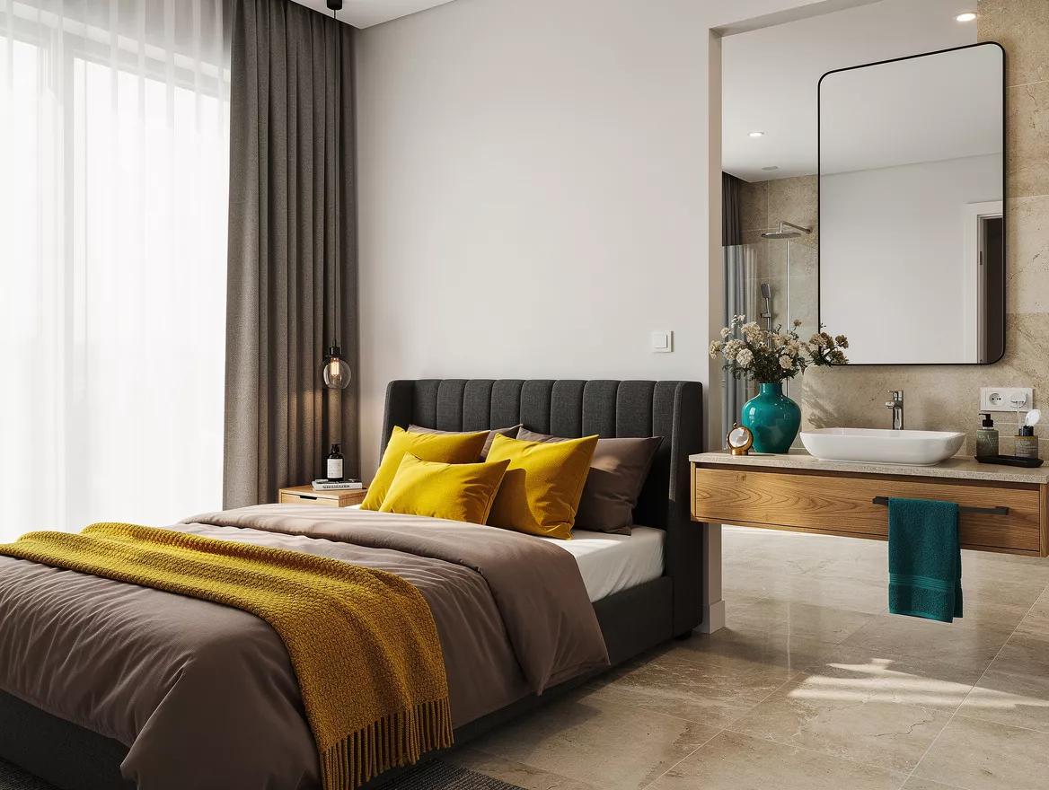 Realistic wide editorial interior photo of a coordinated bedroom and attached ba