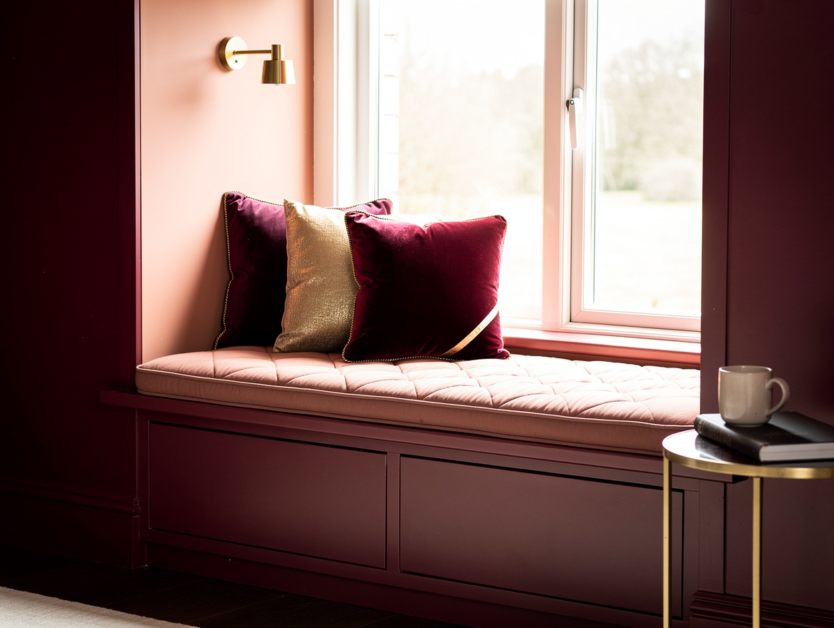 Realistic wide editorial bedroom photo showing a tidy window seat below a bright