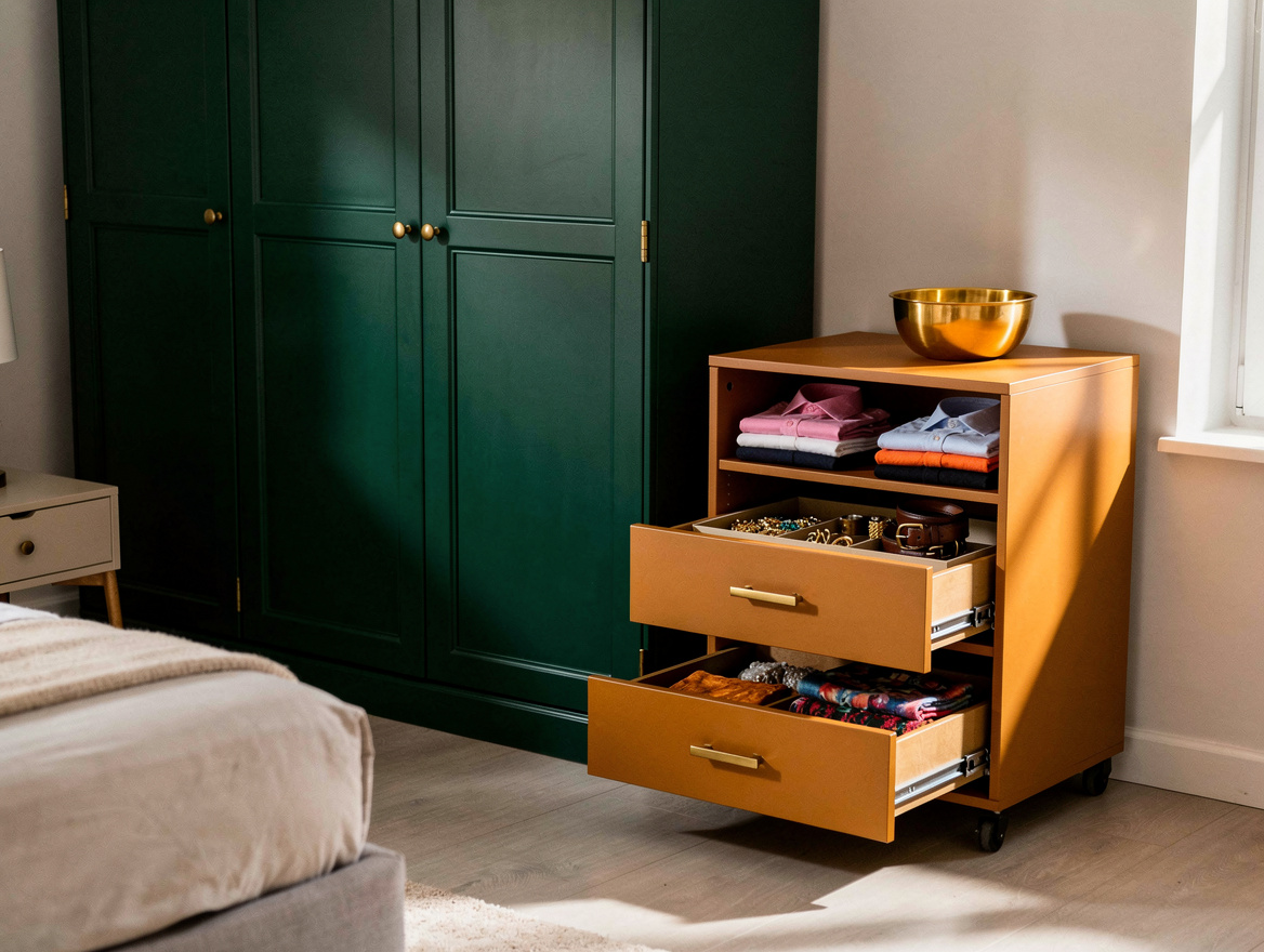 Realistic wide editorial bedroom scene showing a compact drawer cart near a ward