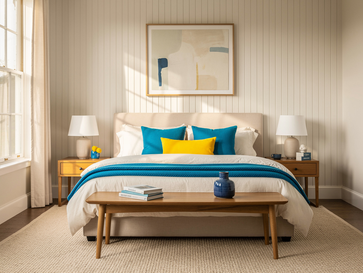 Wide atmospheric view of a calm cottage bedroom with soft cream and mushroom ton