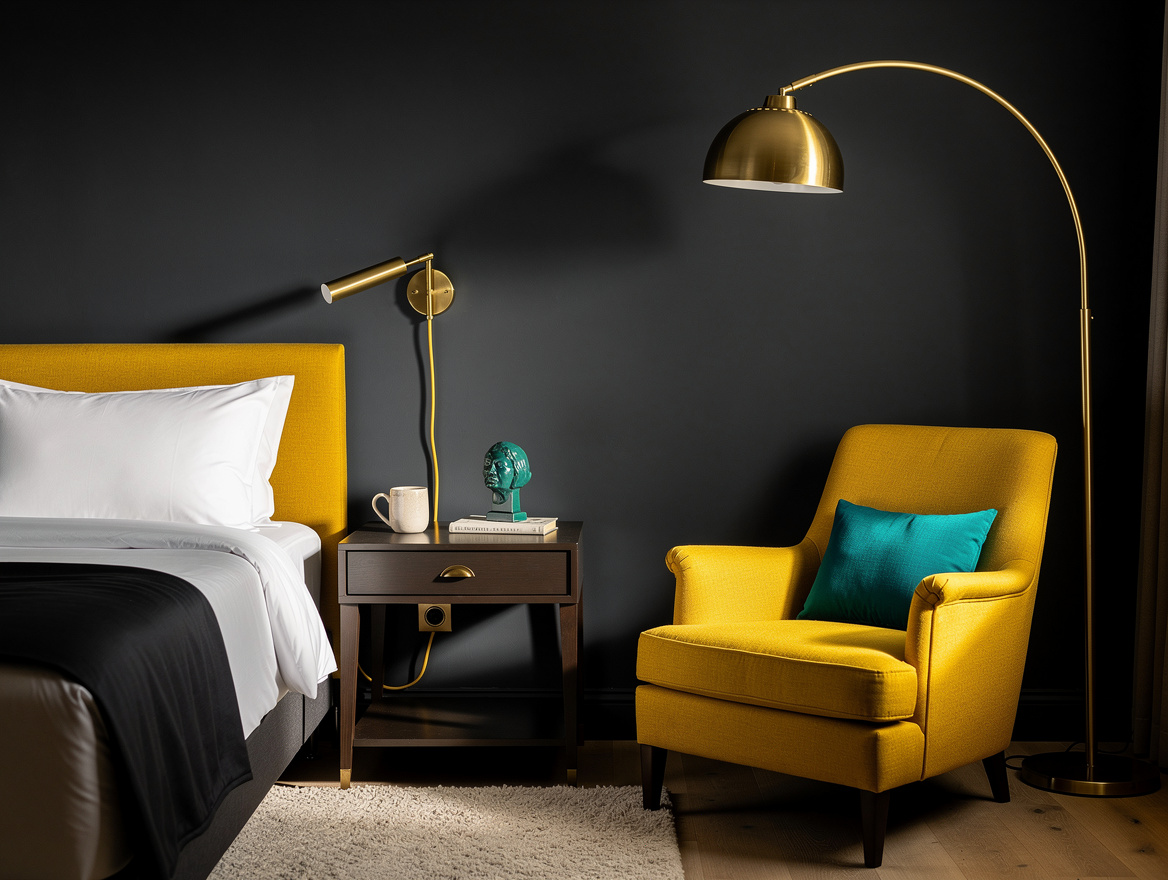 Realistic wide bedroom scene with a plug-in swing-arm wall sconce over a compact