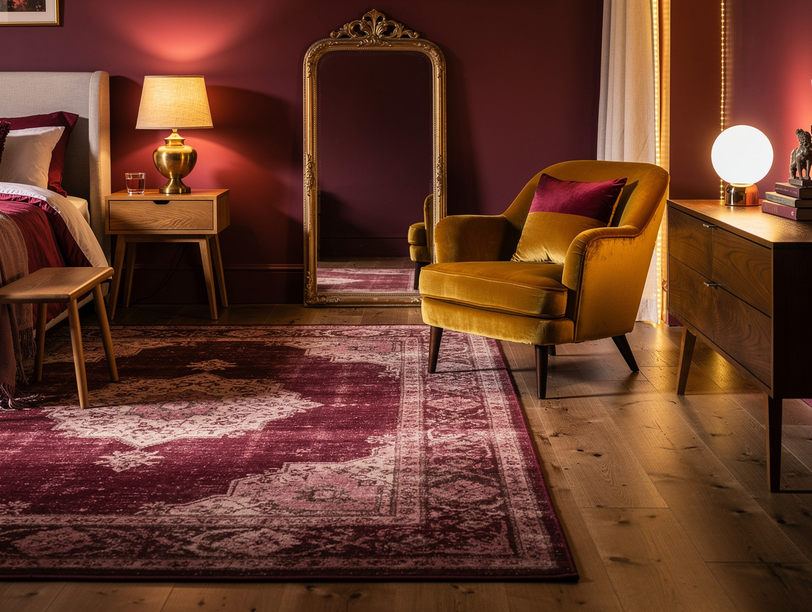 Wide atmospheric bedroom scene showing one large faded wool-blend rug, warm laye