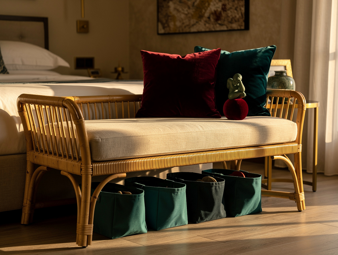 Atmospheric realistic photo of a rattan bench with a linen seat cushion, conceal
