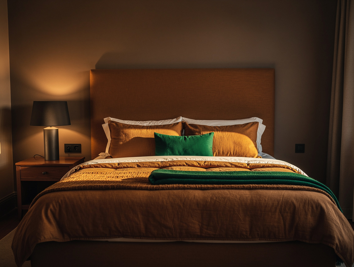 Realistic wide editorial bedroom photo with mushroom taupe walls, tobacco uphols