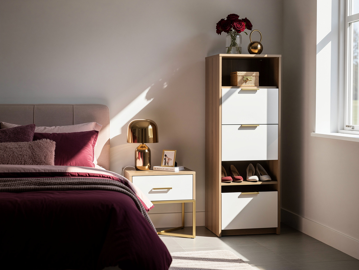 Realistic wide editorial bedroom scene with a tall shallow shoe cabinet in an un