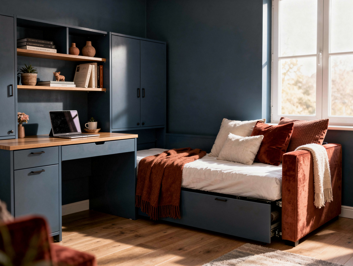Realistic wide editorial interior photo showing a small bedroom office with a pu