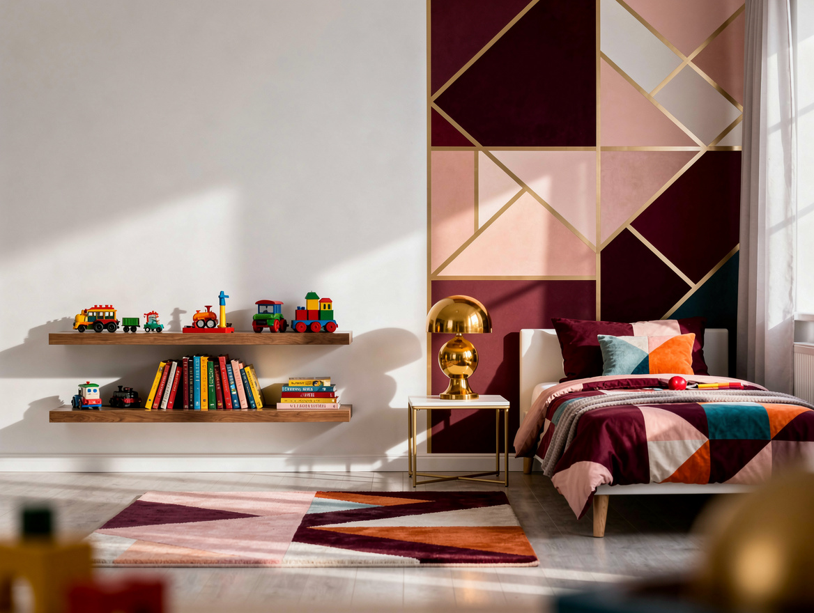Realistic editorial wide ambiance photo of a playful geometric kids bedroom, cal