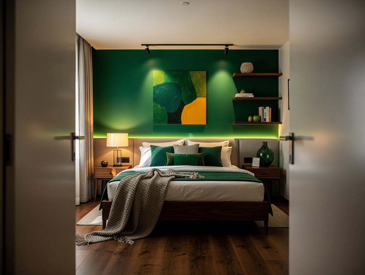 Realistic wide editorial bedroom photo viewed from the doorway, long narrow room