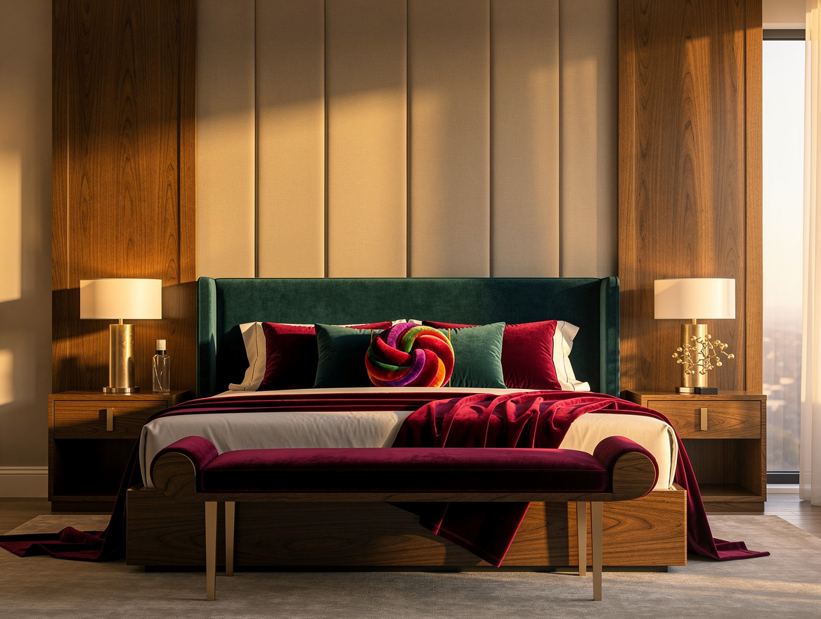 Realistic wide ambiance photo of a cohesive luxury bedroom suite with upholstere