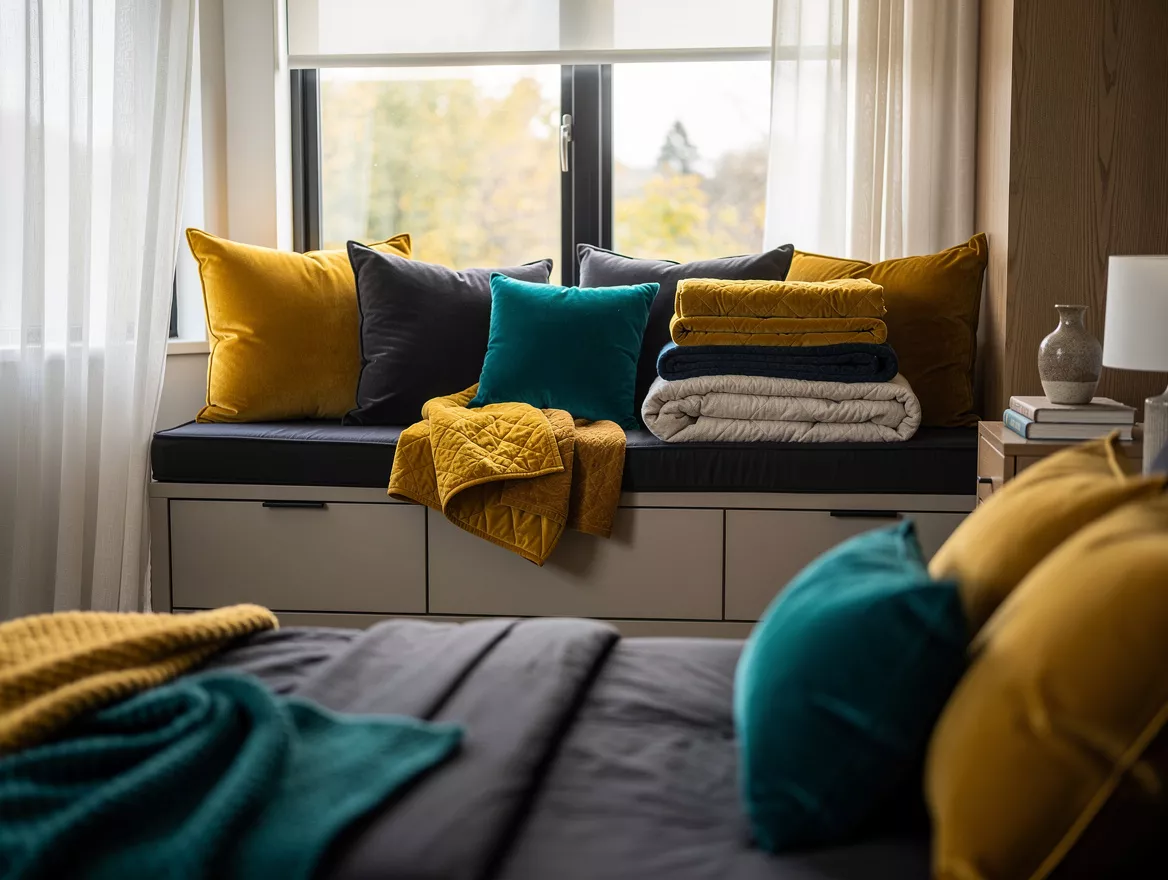 Realistic atmospheric bedroom interior with a custom window seat used as seasona
