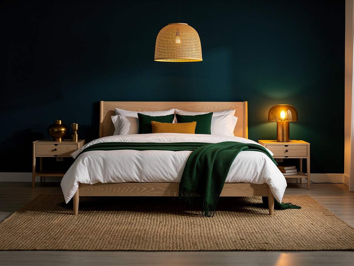 Realistic wide editorial bedroom photo showing dark green accents balanced with
