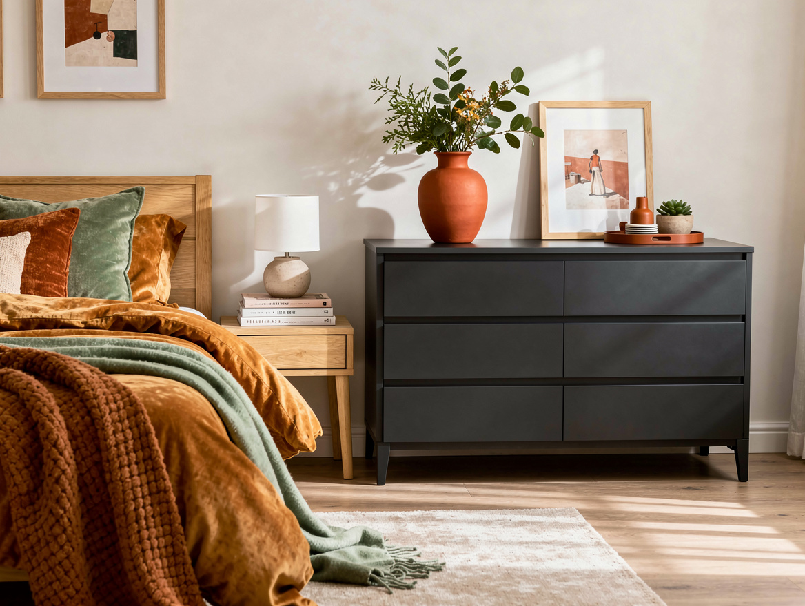 Realistic wide bedroom interior with a matte charcoal dresser against an off-whi