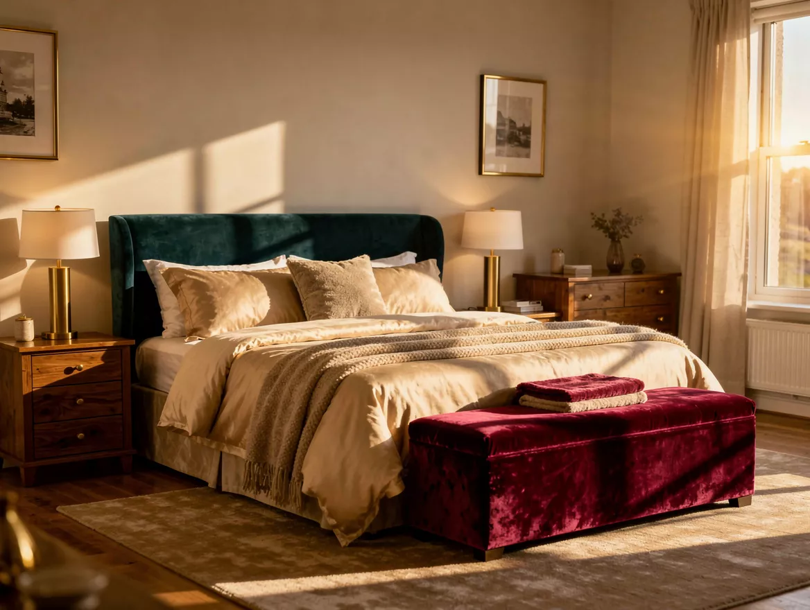 Wide atmospheric bedroom photo of a calm American home with a king bed in soft i