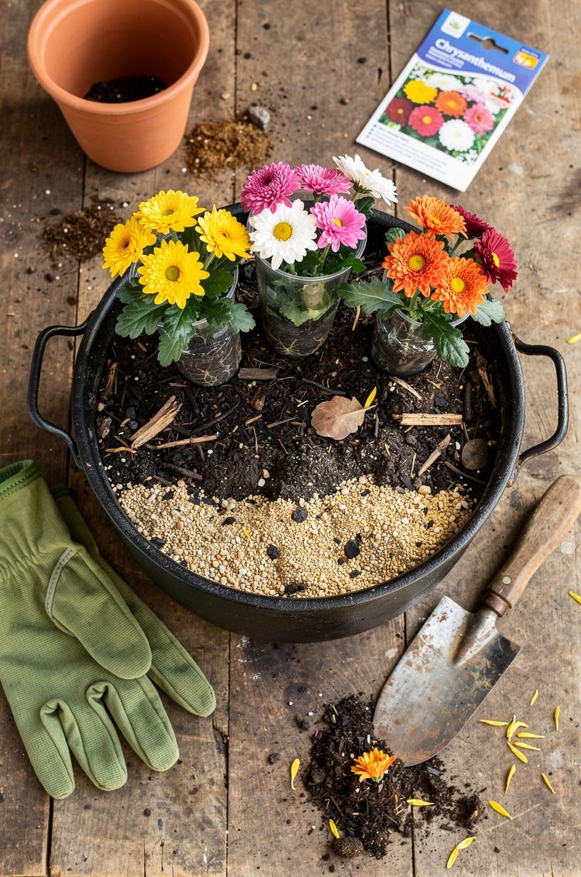 Layer Potting Soil Under the Mums