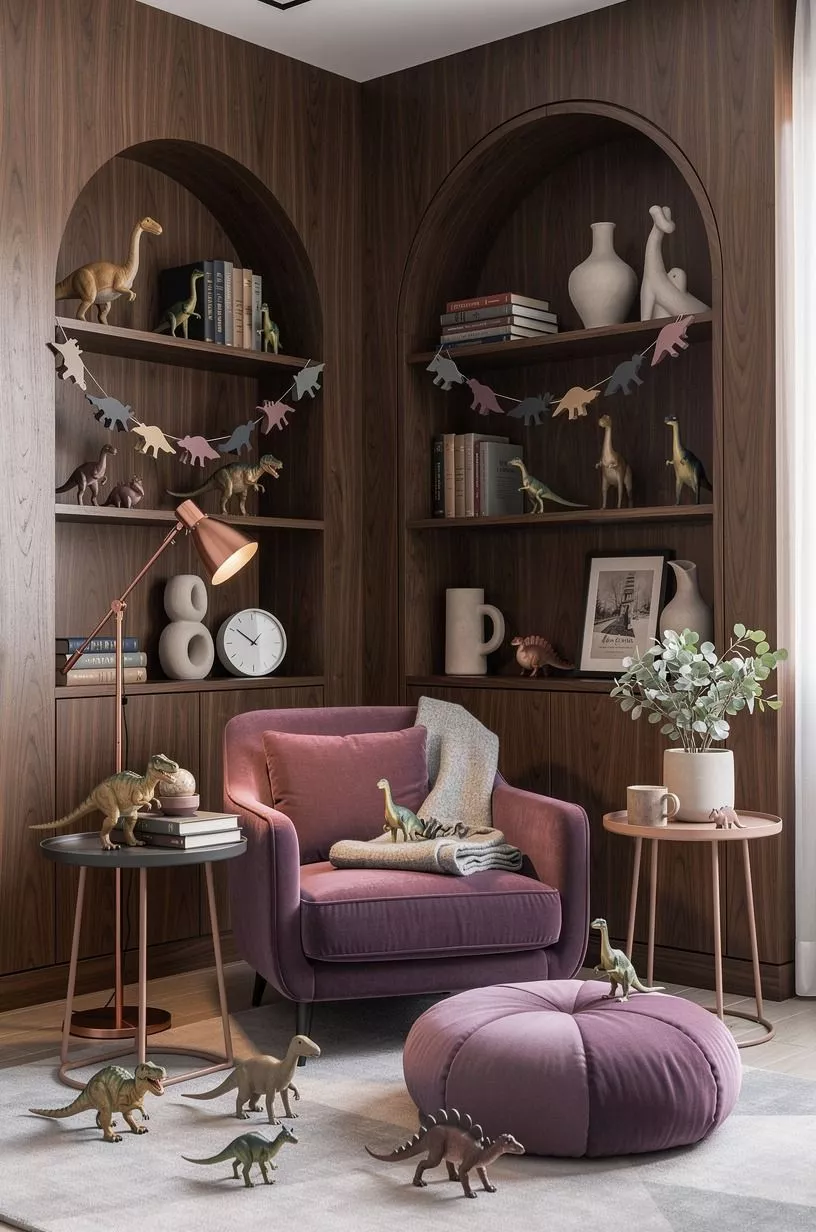 Arrange dinosaur figures in a reading corner