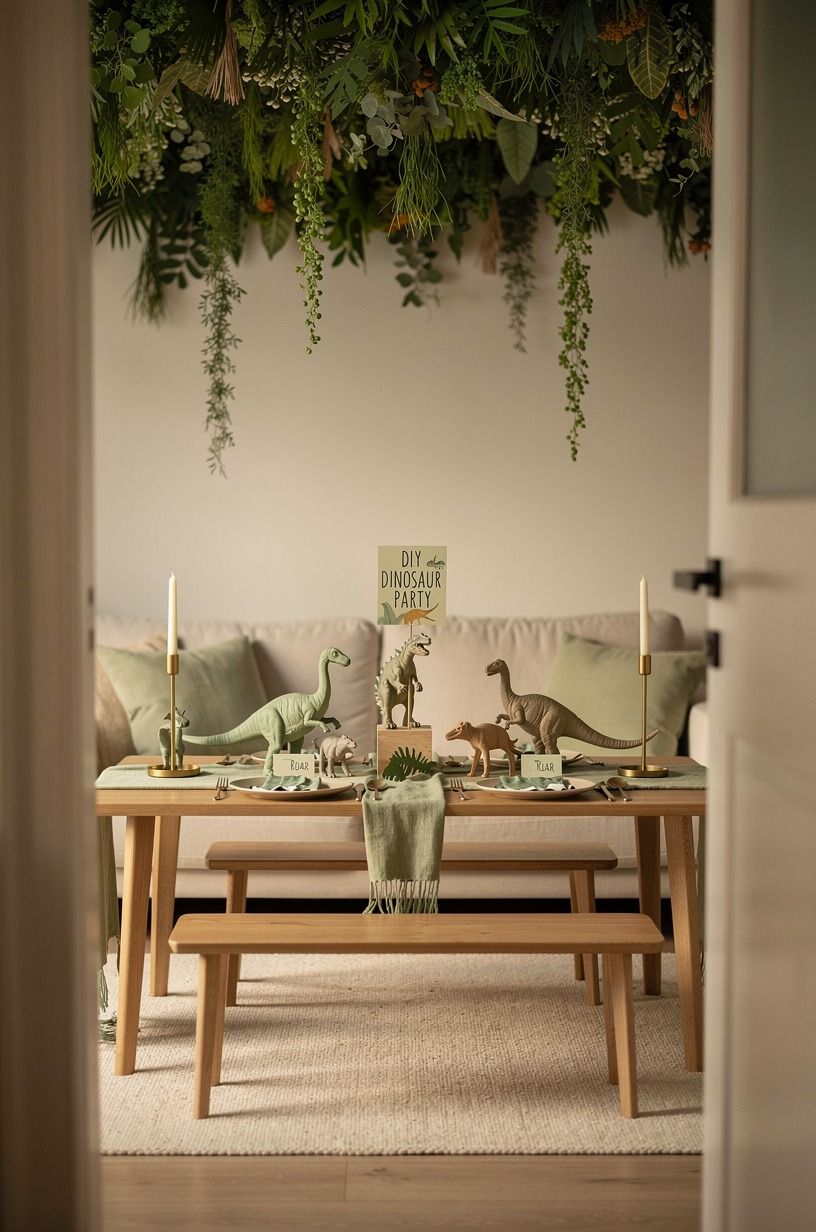 Layer dinosaur birthday party decorations with a jungle ceiling