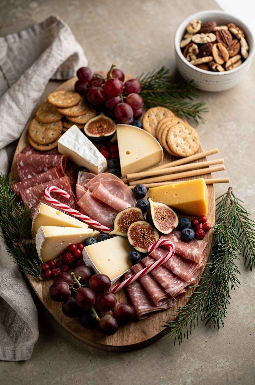 Layer a candy cane charcuterie board around one red anchor