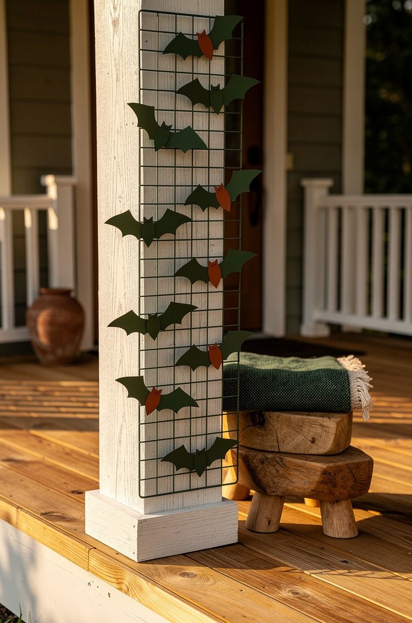 Float Paper Bats on a Porch Post Decorating Grid