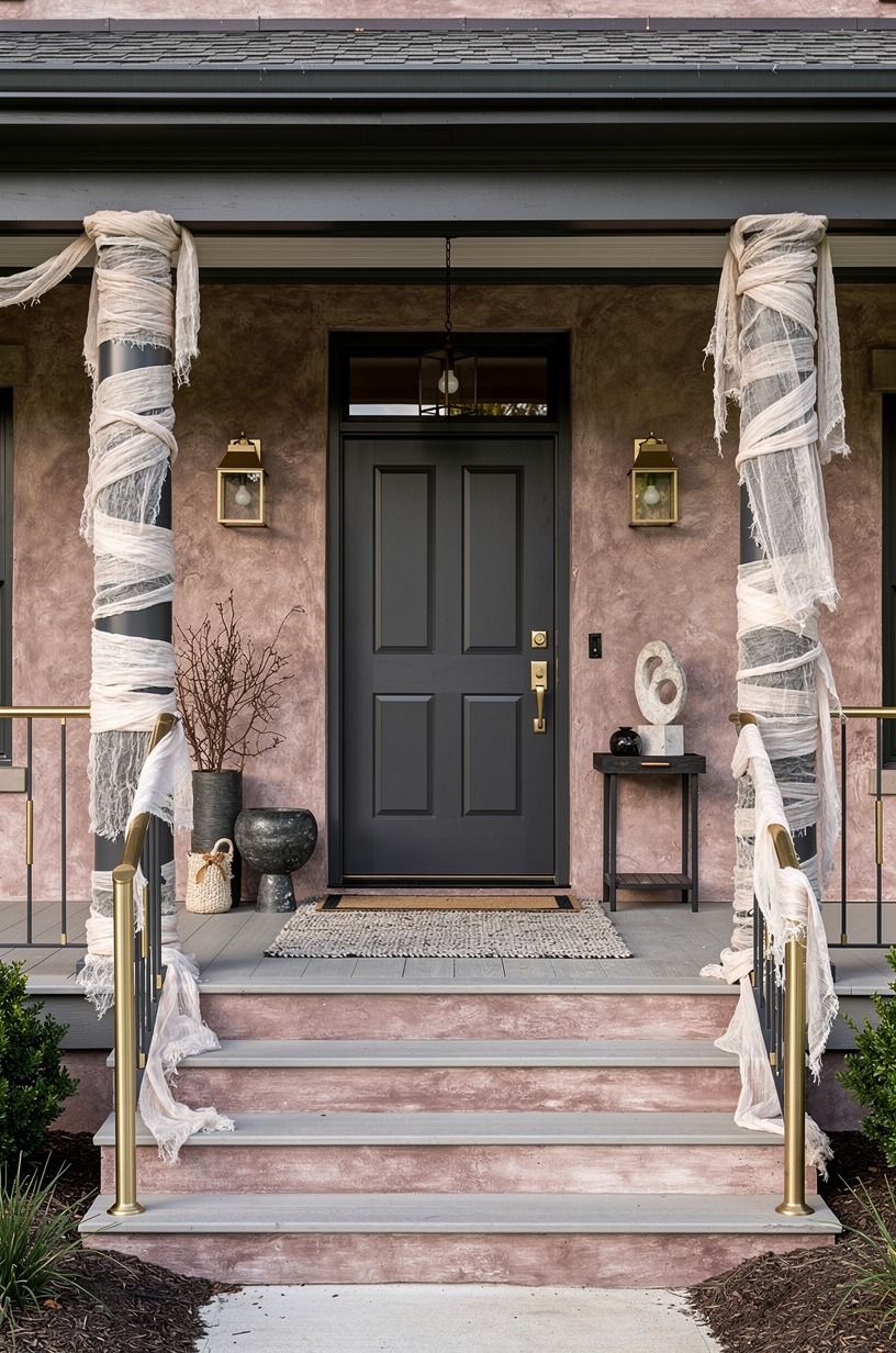 Layer Cheesecloth Around Halloween Porch Pillars (The Low-Tide Wrap)
