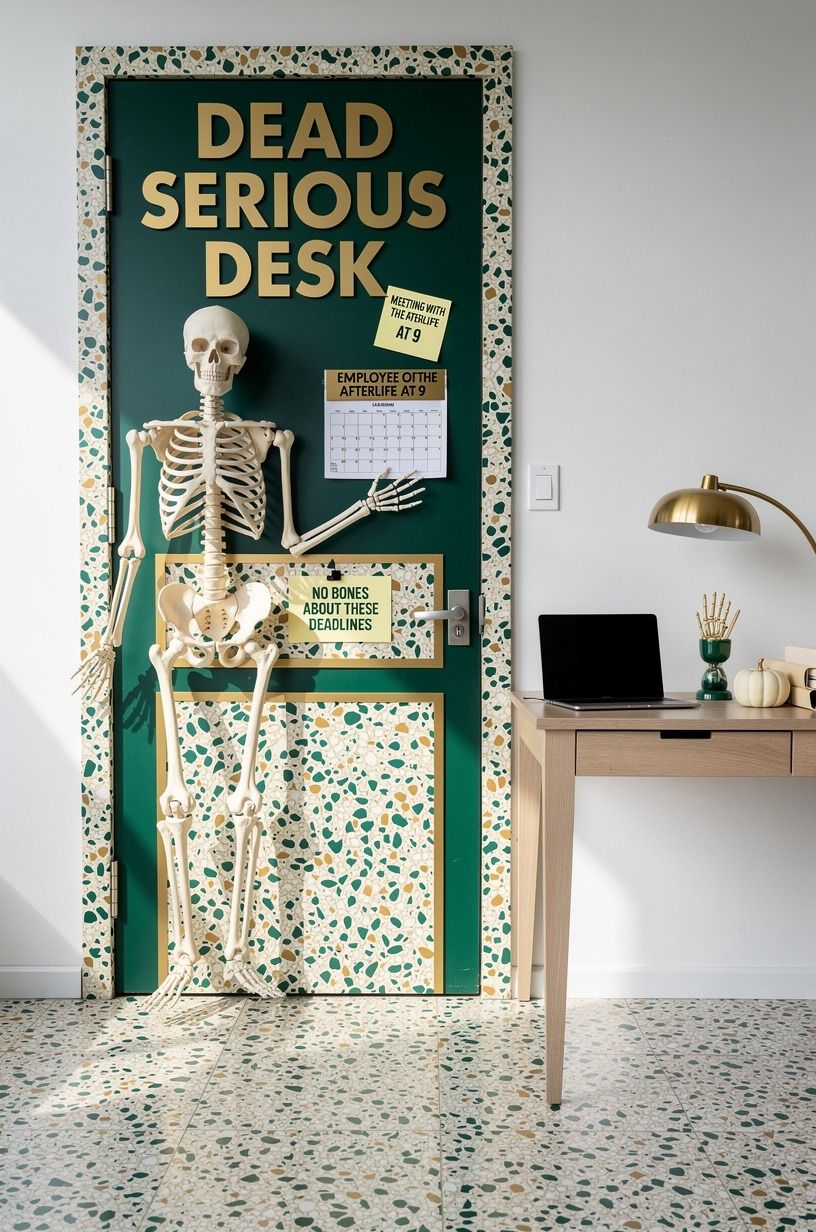 Hang a Skeleton at the Dead-Serious Desk for a Disney Door Decorating Contest