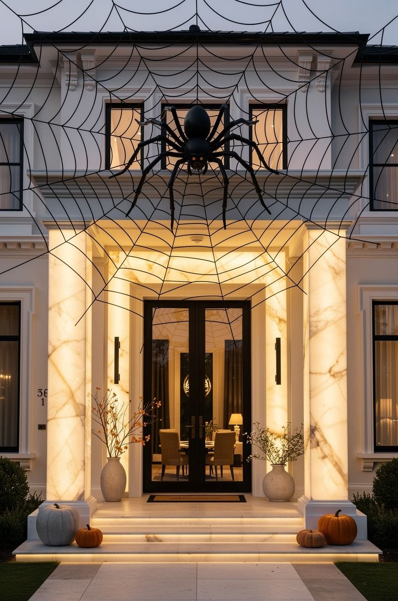 Frame the halloween house facade decor with a web, not more props