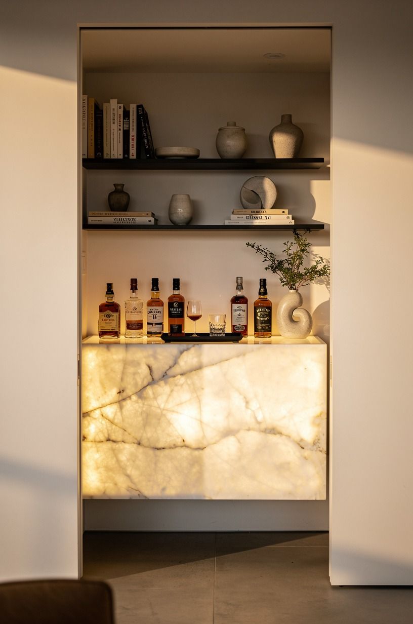 Float a Slim Home Whiskey Bar Under the Shelves