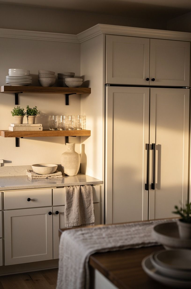 Float Open Shelves Beside a Fridge Matching Cabinets
