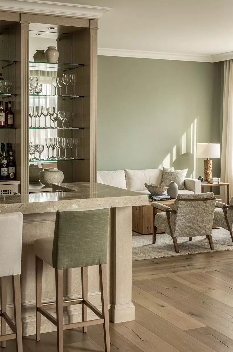 Mix glass, stone, and linen for a luxury hotel bar mood
