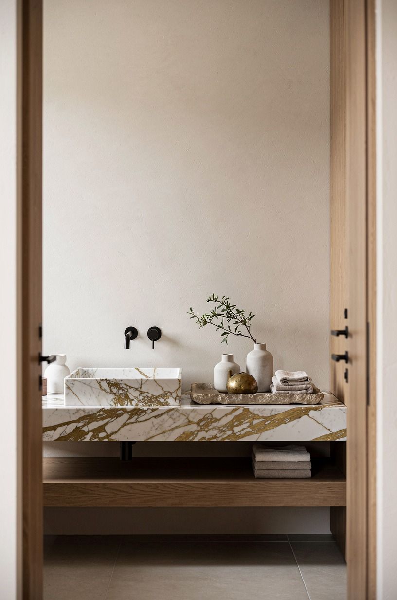 Layer a stone tray beside the basin