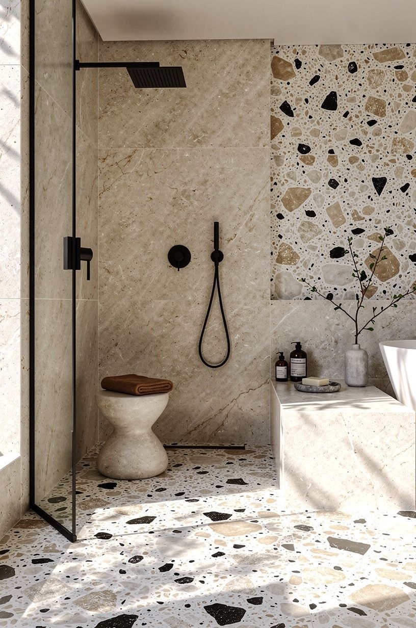 Anchor the shower with honed stone