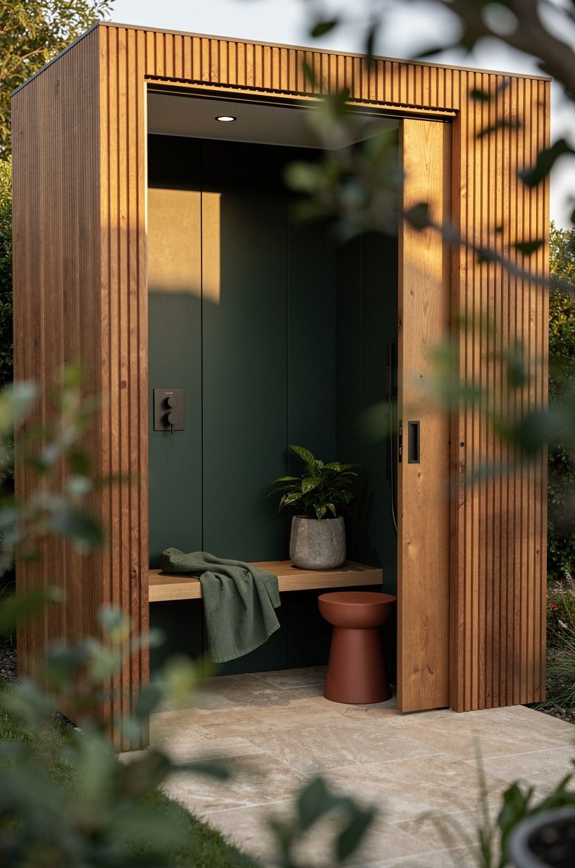 Frame an outdoor shower bathroom with slatted cedar