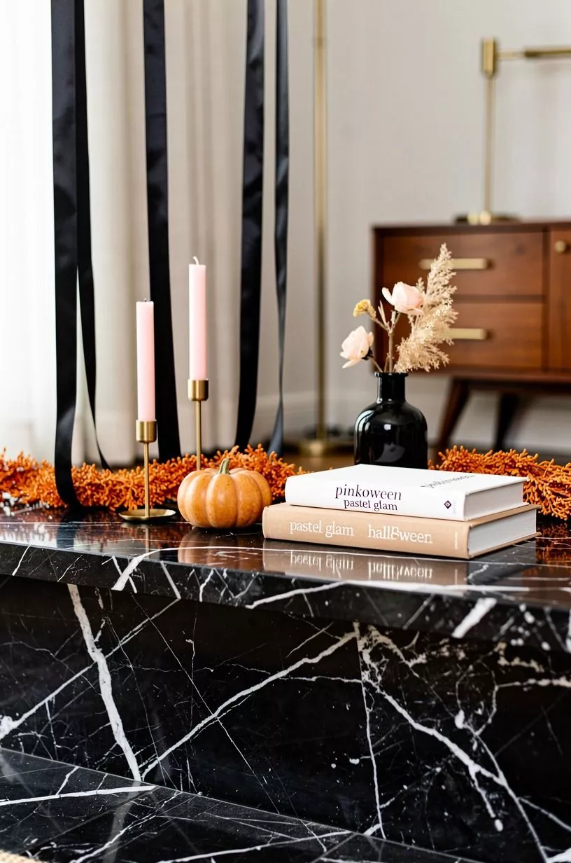 Hang black ribbon over orange garland for glam Halloween decor