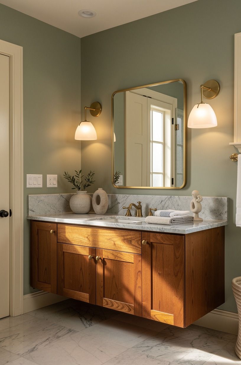 Anchor the vanity with warm Mediterranean materials